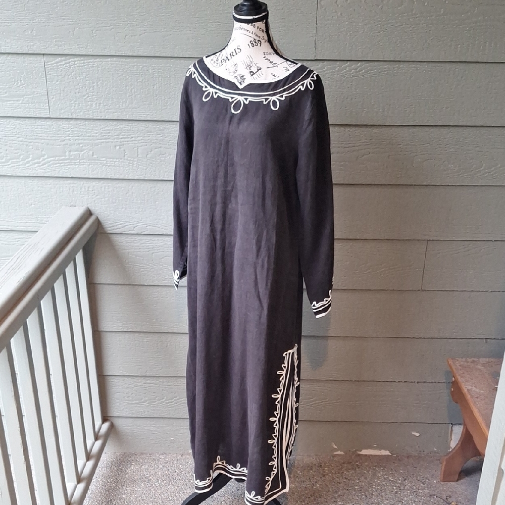 Soft Surroundings Black & White Linen Boat Neck Kaftan Maxi Size LP Boho Coastal